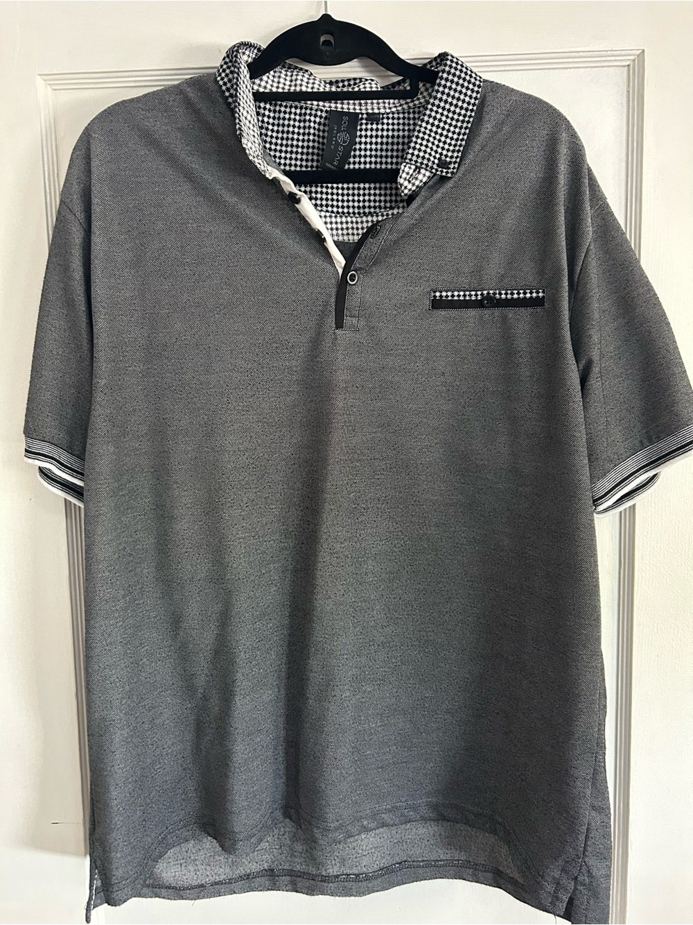 Men's Gray Polo with Checked Collar and Trim